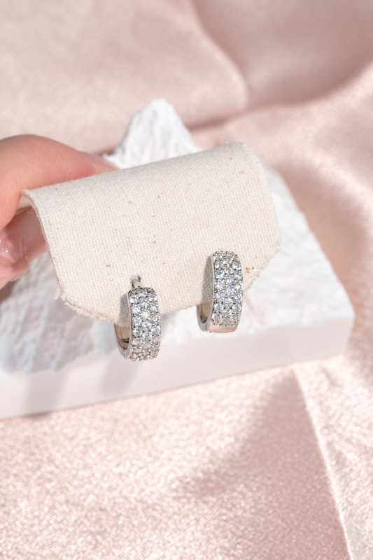 Silver Tone Wide Pave Huggie Hoop Earrings in stainless steel, view 1