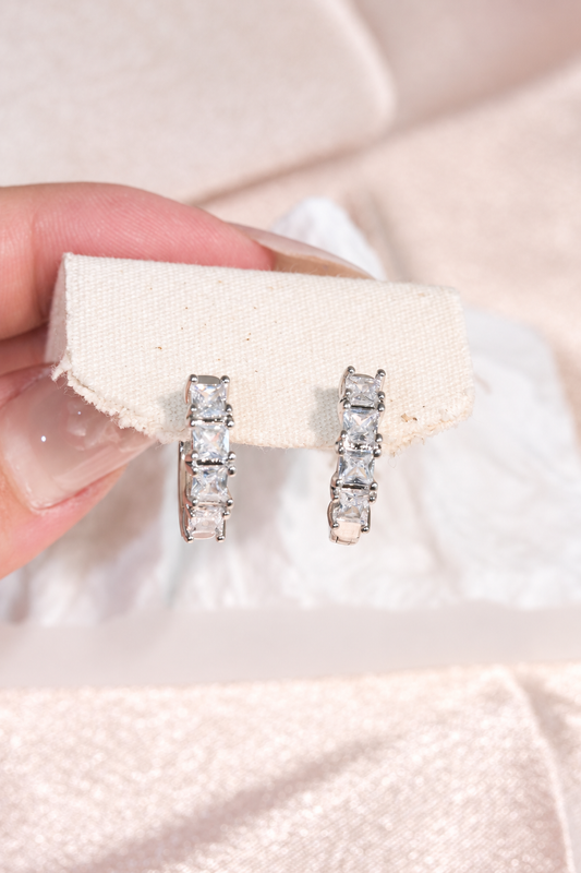 Silver Tone Four Stone Huggie Hoop Earrings in stainless steel, view 1