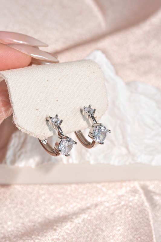 Silver Tone Two Stone Huggie Hoop Earrings in stainless steel, view 1