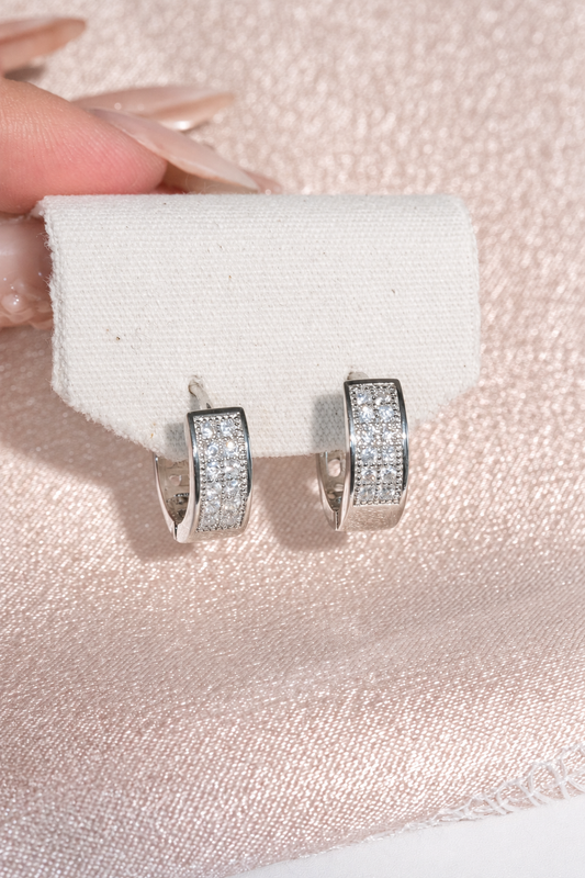 Silver Tone Rectangular Pave Huggie Hoop Earrings in stainless steel, view 1