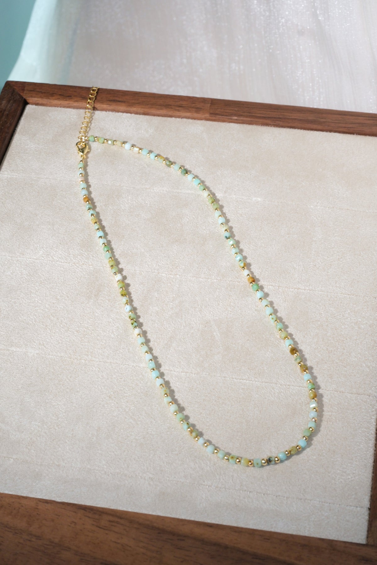 Pale Green Gold Tone Spacers Necklace — real product photo