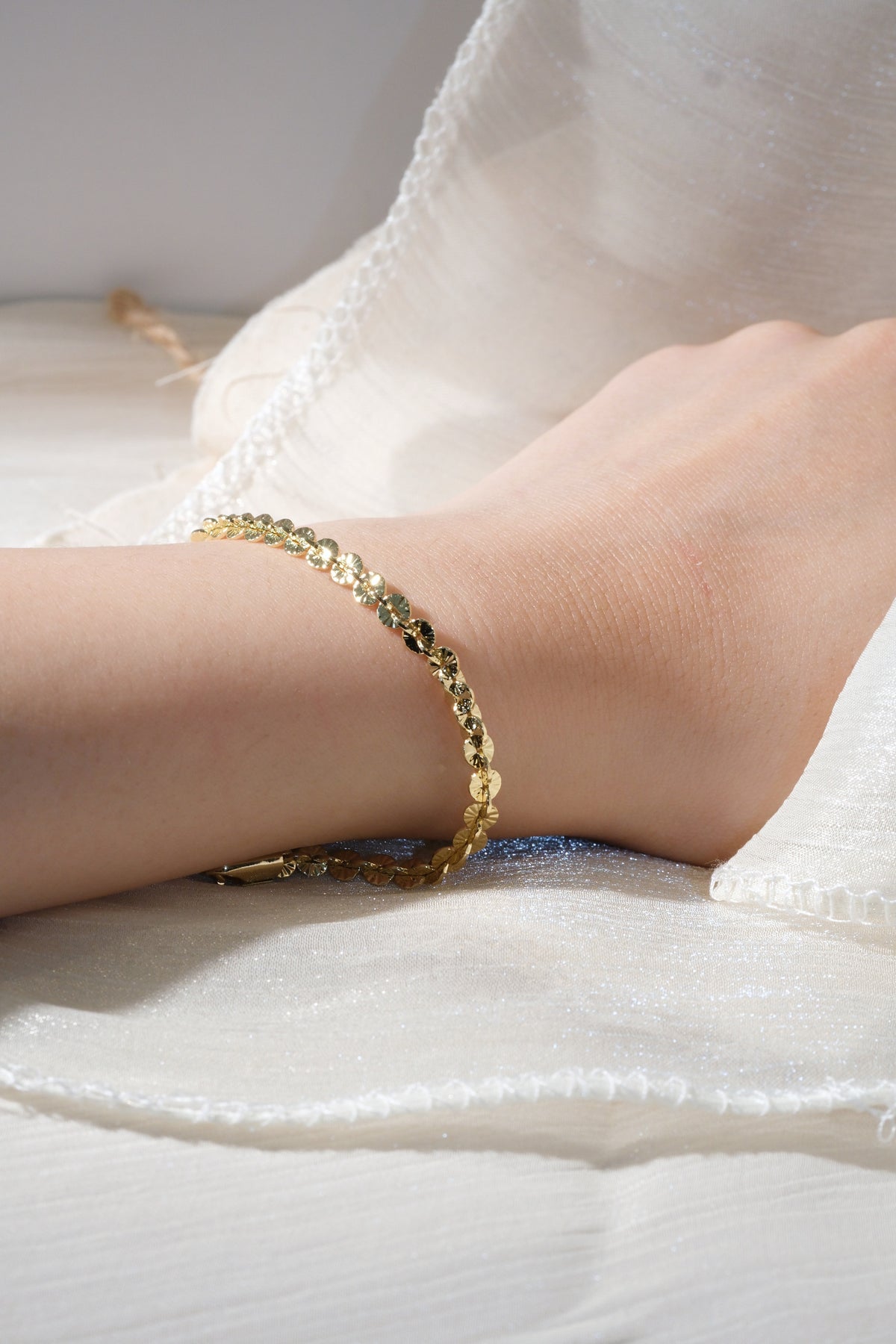 Etched Disc Link Bracelet — Gold — edited real product photo