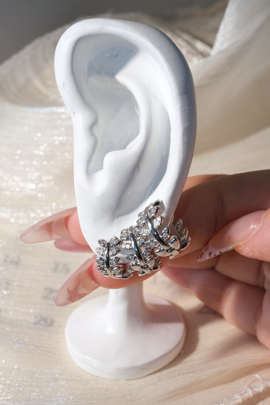 Leaf CZ Hoop Earrings — Silver — edited real-life photo