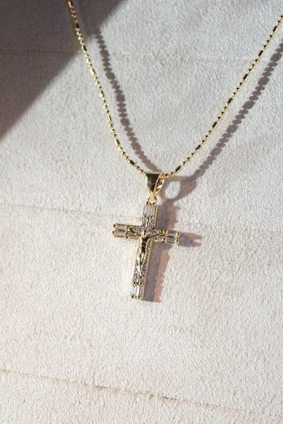 Baguette CZ Crucifix Pendant — Gold — edited real-life photo