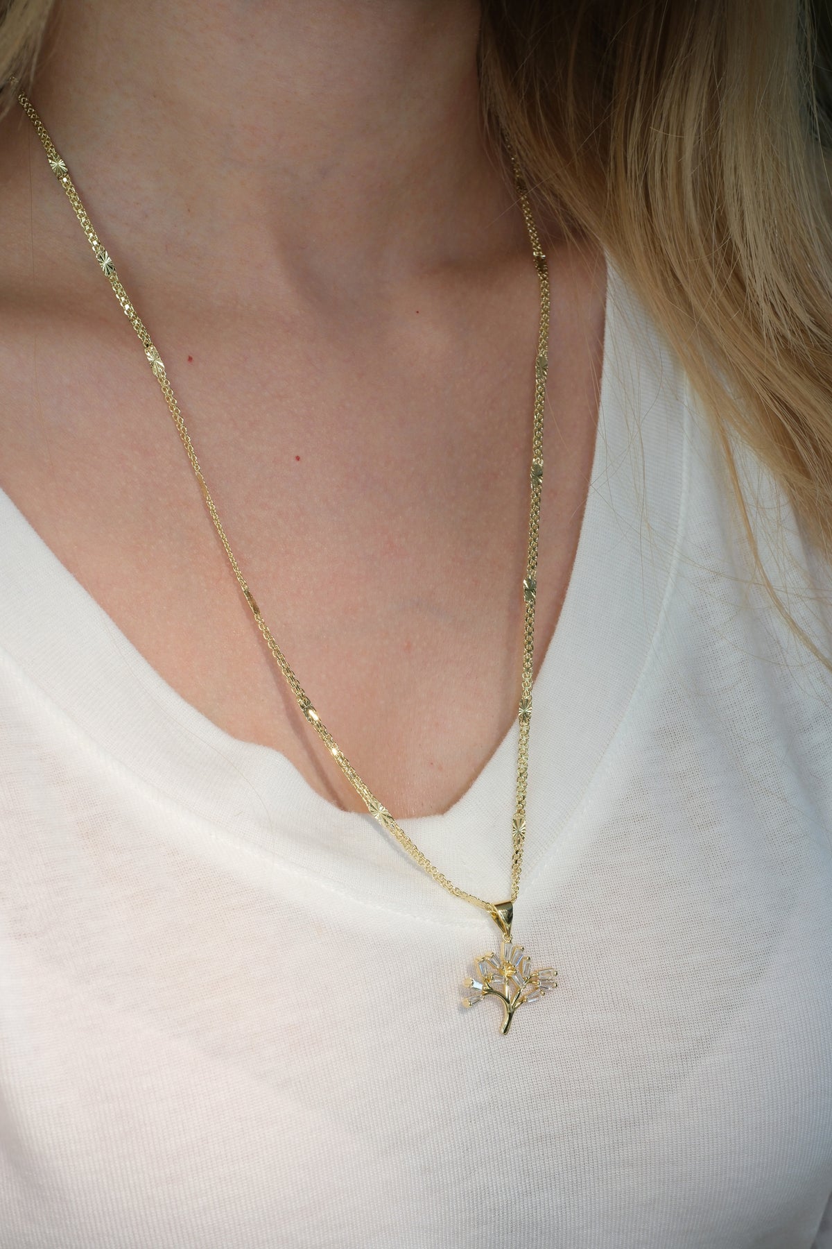 Baguette CZ Tree Pendant — Gold — edited real-life photo