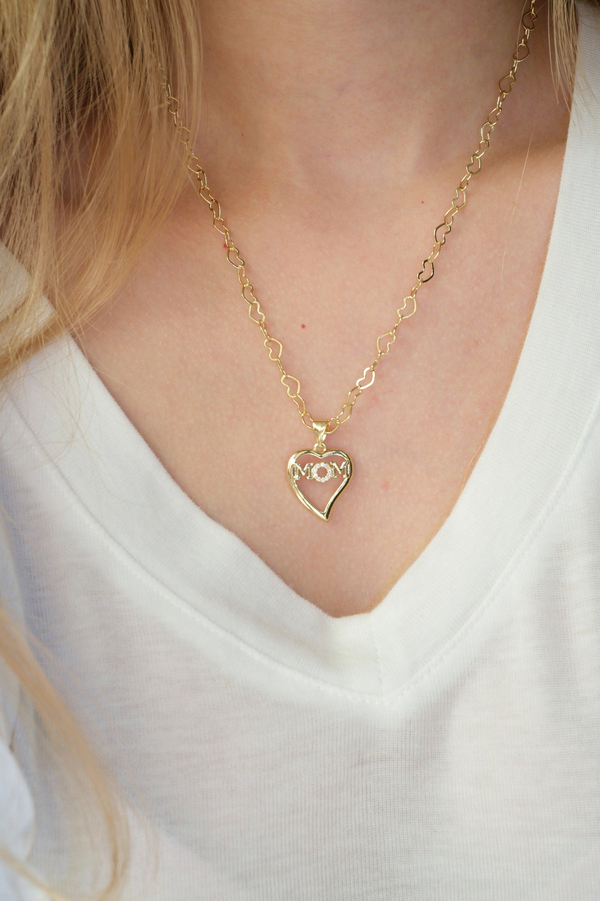 Mom Heart Pendant — Gold — edited real-life photo