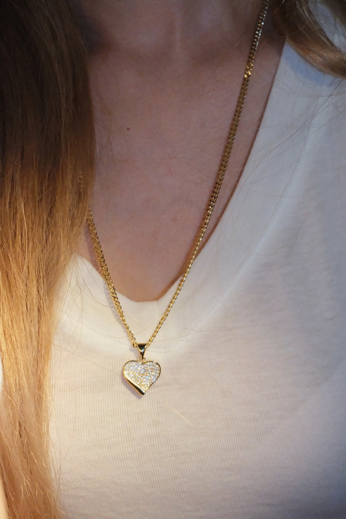 Pave Heart Border Pendant — Gold — edited real-life photo
