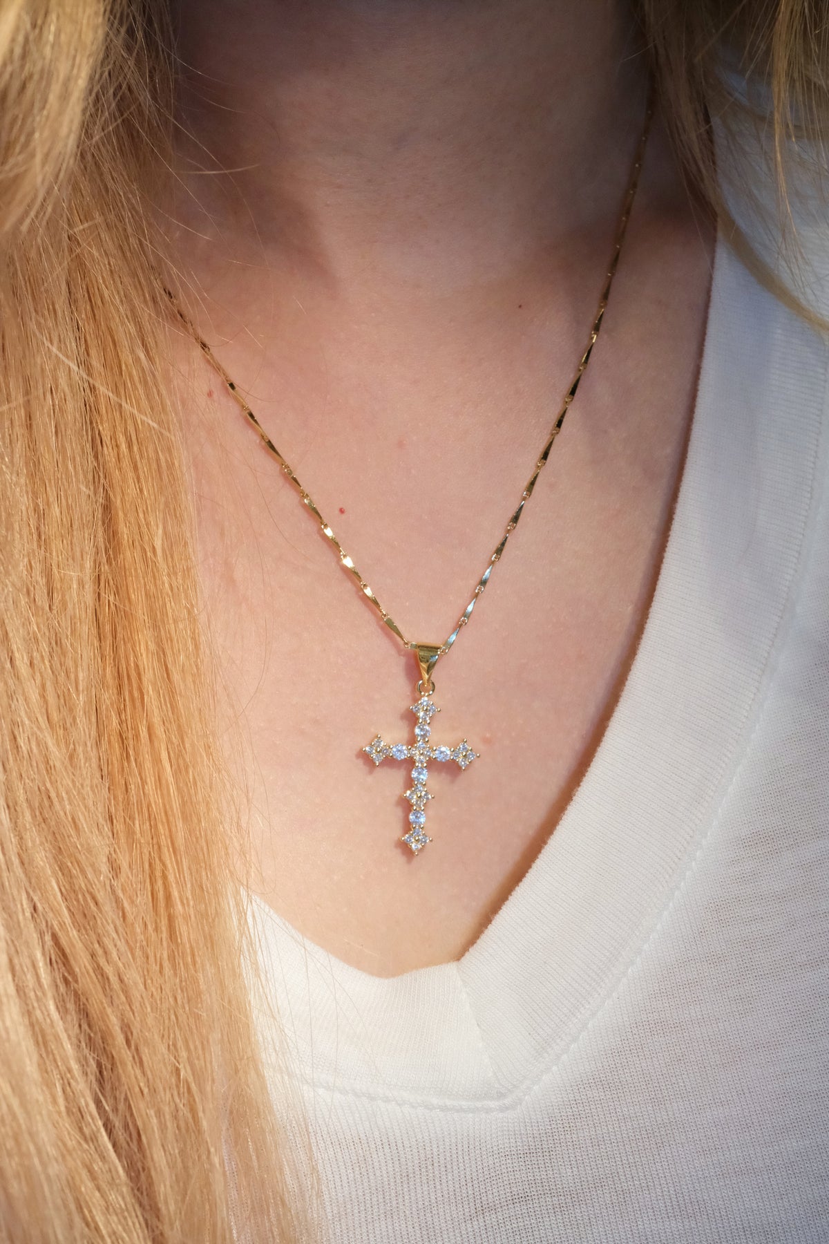 Cluster Stone Cross Pendant — Gold — edited real-life photo