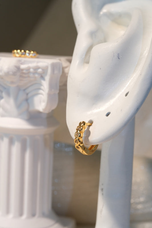 Round Bezel CZ Hoop Earrings — Gold — real-life photo