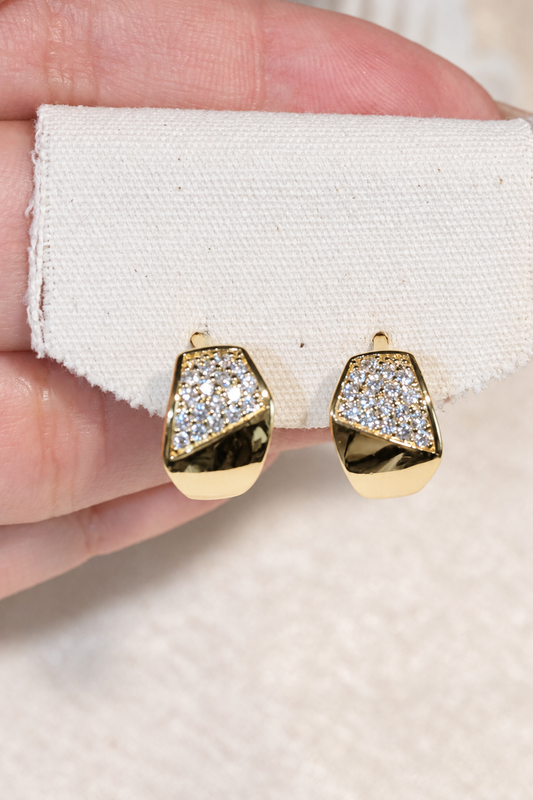 Wide Diagonal Pave Huggie Hoop Earrings in stainless steel, view 1