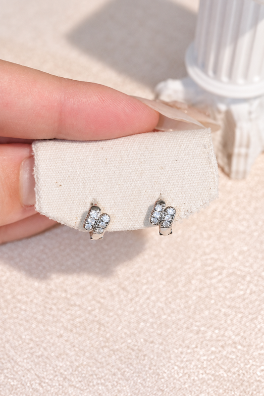 Silver Tone Double Row Stone Huggie Hoop Earrings in stainless steel, view 1