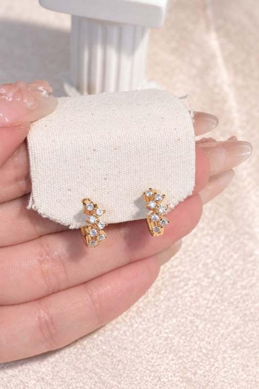 Gold Tone Double Flower Huggie Hoop Earrings in stainless steel, view 1