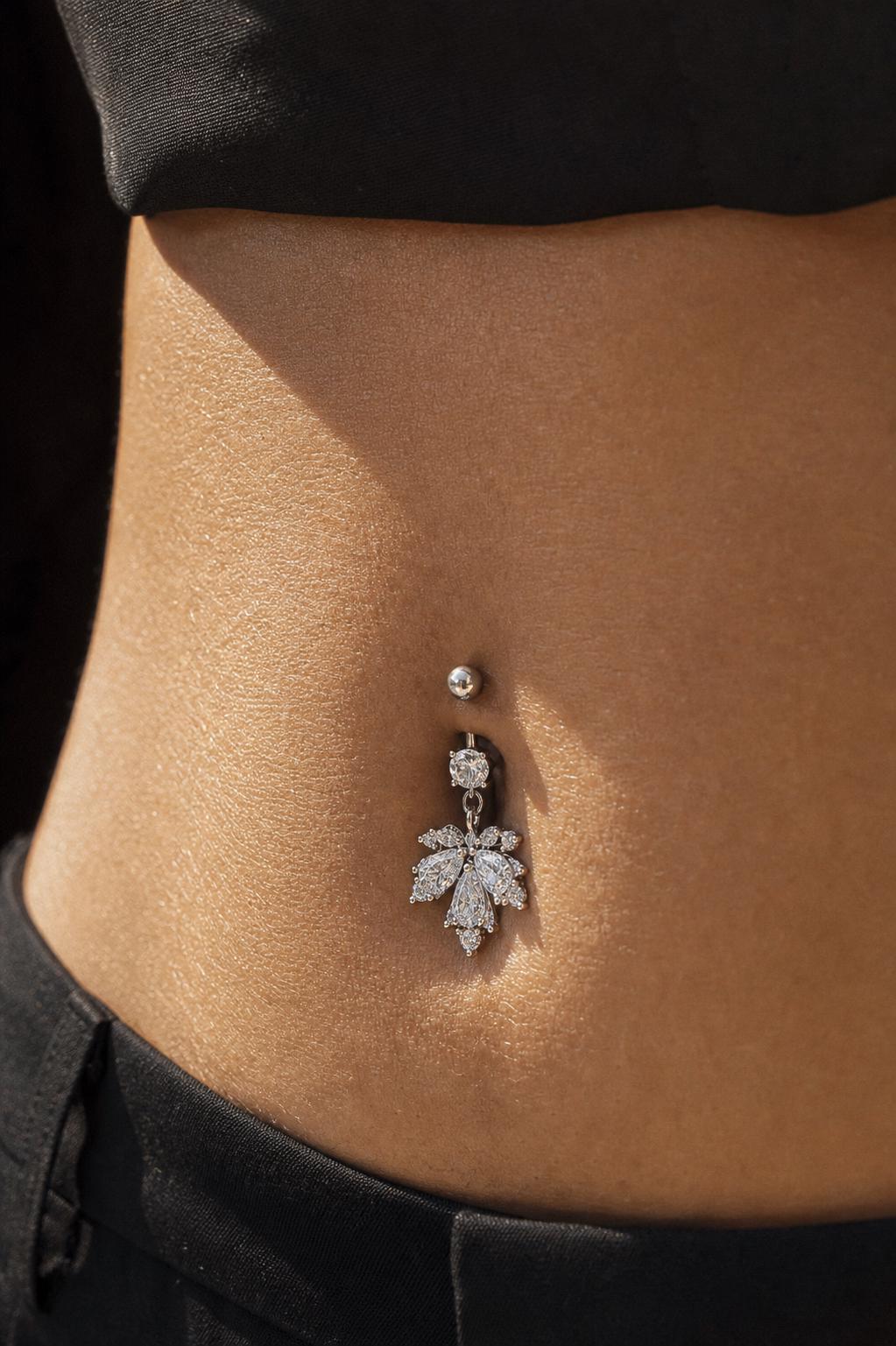 Silver Maple Leaf Belly Button Ring, CZ Dangle Navel Piercing, Stainless Steel Body Jewelry