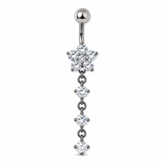 Stainless Steel Flower Dangle Cubic Zirconia Belly Button Ring