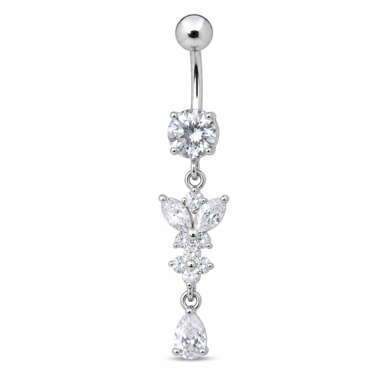 Silver Butterfly Flower Belly Button Ring, CZ Dangle Navel Piercing, Stainless Steel Body Jewelry