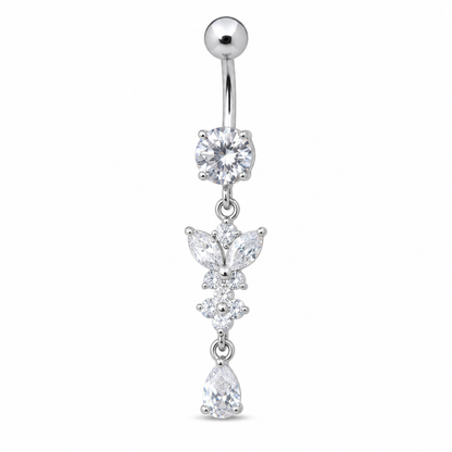 Silver Butterfly Flower Belly Button Ring, CZ Dangle Navel Piercing, Stainless Steel Body Jewelry