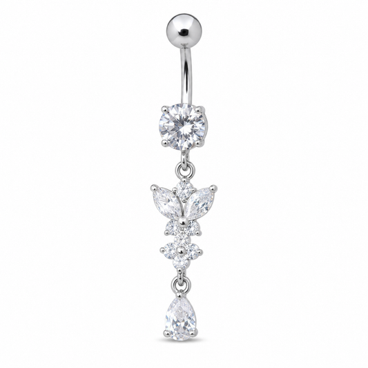 Silver Butterfly Flower Belly Button Ring, CZ Dangle Navel Piercing, Stainless Steel Body Jewelry
