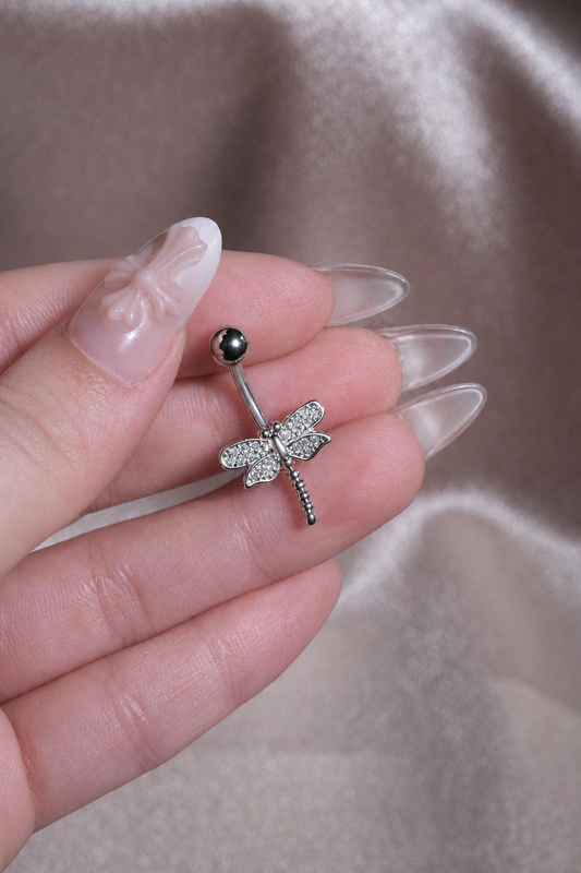 Silver Dragonfly CZ Belly Button Ring, Crystal Insect Navel Piercing, Stainless Steel Body Jewelry
