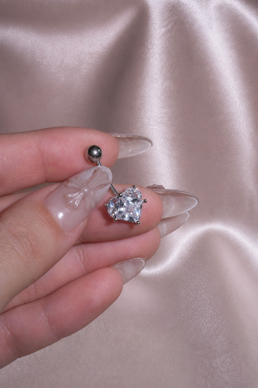 Silver Clear Heart CZ Belly Button Ring, Heart Cut Navel Piercing, Stainless Steel Body Jewelry