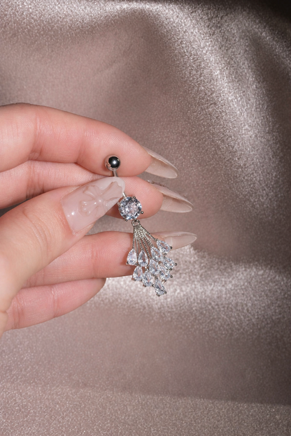 Silver Crystal Bouquet Belly Button Ring, Marquise CZ Dangle Navel Piercing, Stainless Steel Body Jewelry