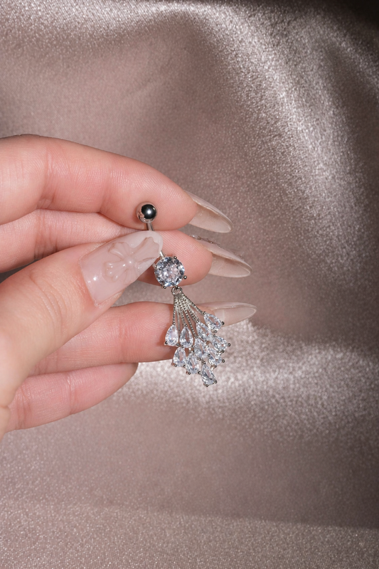 Silver Crystal Bouquet Belly Button Ring, Marquise CZ Dangle Navel Piercing, Stainless Steel Body Jewelry
