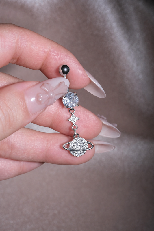 Silver Saturn Planet Belly Button Ring, CZ Celestial Dangle Navel Piercing, Stainless Steel Body Jewelry