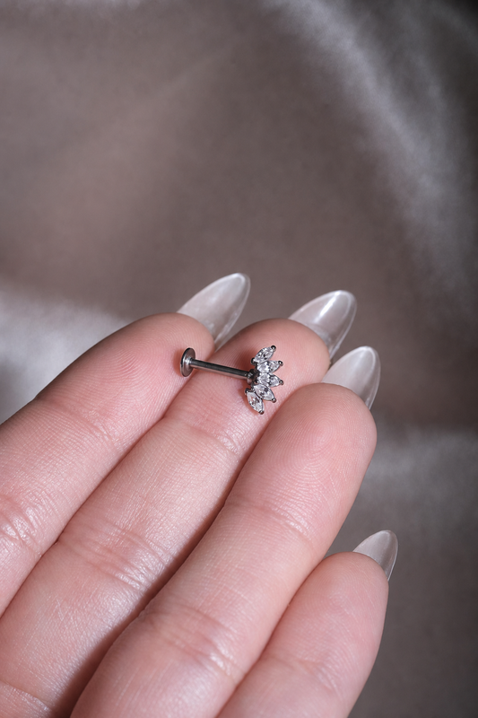 Silver Five Marquise CZ Flat Back Labret, Leaf Cartilage Earring, Stainless Steel Helix Stud