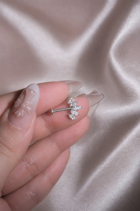 Silver Six Marquise CZ Flat Back Labret, Double Leaf Cartilage Earring, Stainless Steel Helix Stud