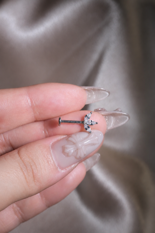 Silver Three Marquise CZ Flat Back Labret, Leaf Cartilage Earring, Stainless Steel Helix Stud