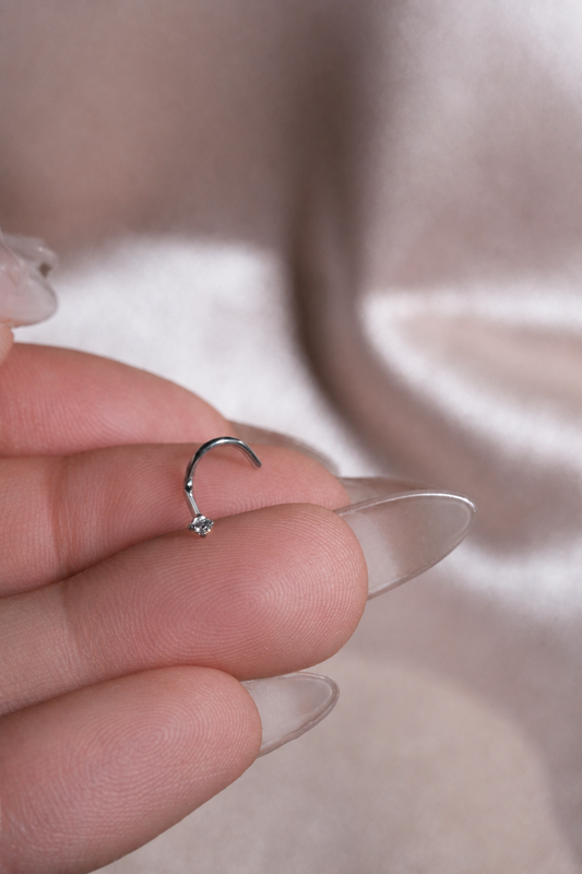 Silver Tiny CZ L Bend Nose Stud, Minimal Crystal Nostril Piercing, Stainless Steel Nose Jewelry
