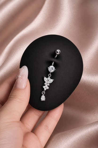 Silver Butterfly Flower Belly Button Ring, CZ Dangle Navel Piercing, Stainless Steel Body Jewelry