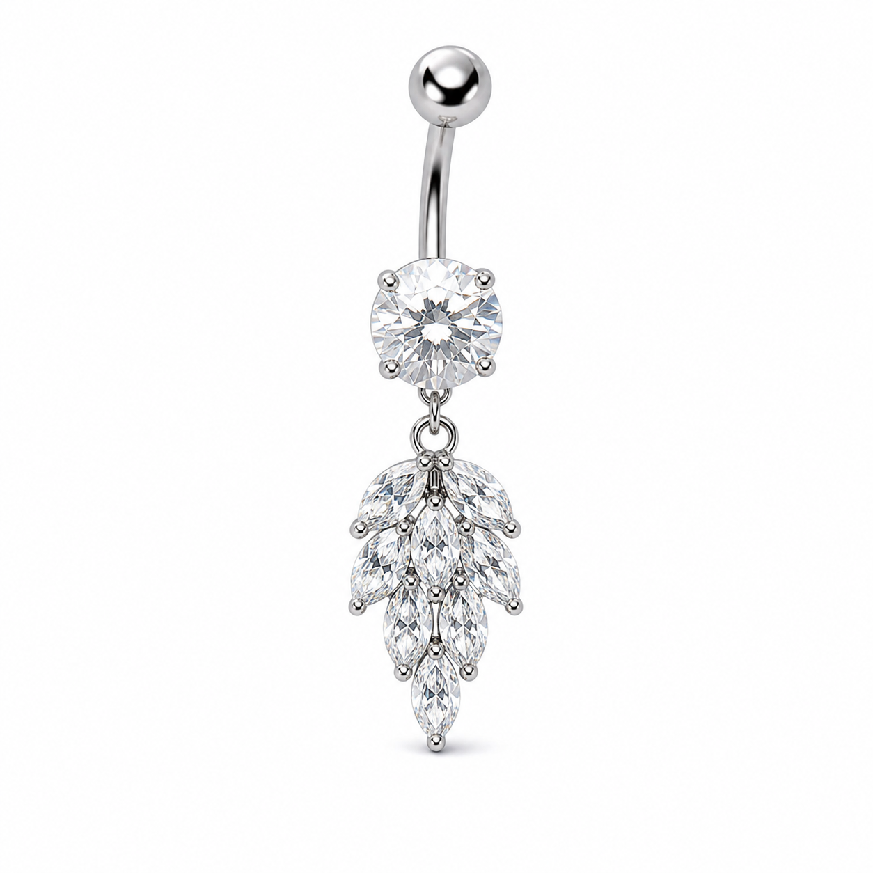 Stainless Steel Leaf Dangle Cubic Zirconia Belly Button Ring