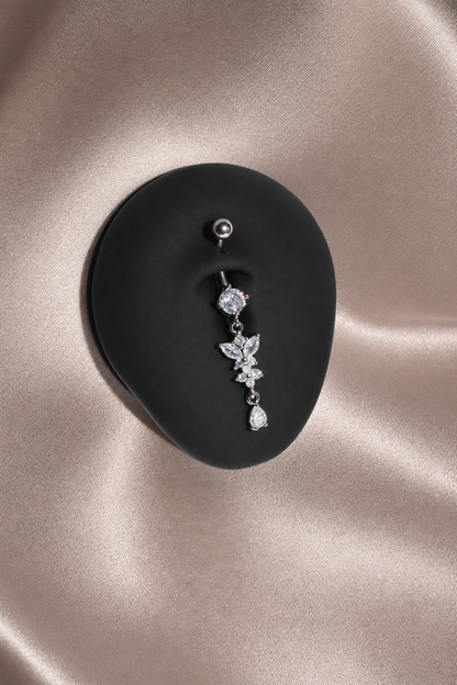 Silver Butterfly Flower Belly Button Ring, CZ Dangle Navel Piercing, Stainless Steel Body Jewelry