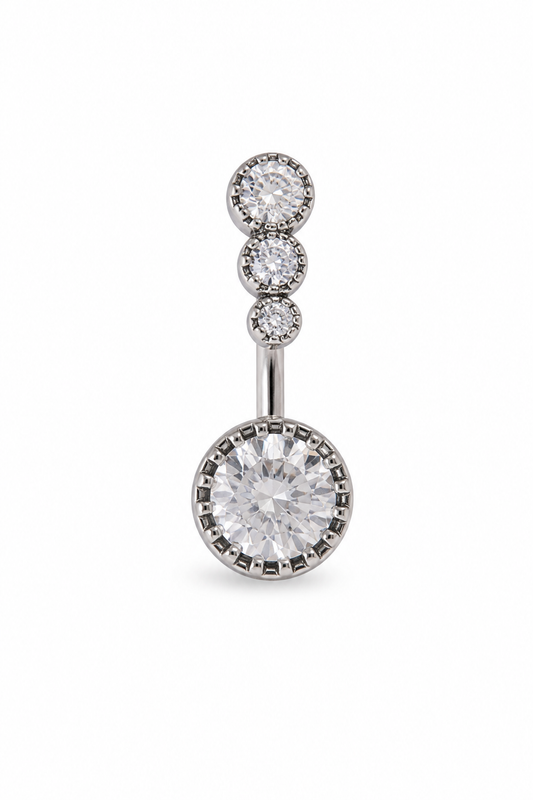 Silver Triple Round CZ Belly Button Ring, Bezel Crystal Navel Piercing, Stainless Steel Body Jewelry