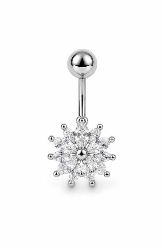Silver Snowflake CZ Belly Button Ring, Crystal Cluster Navel Piercing, Stainless Steel Body Jewelry