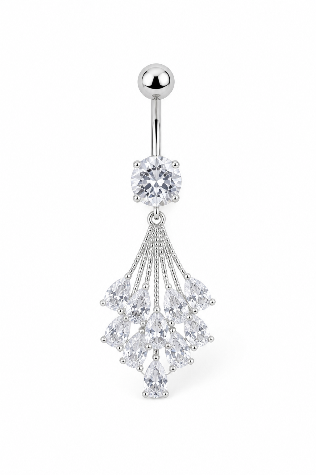 Silver Crystal Bouquet Belly Button Ring, Marquise CZ Dangle Navel Piercing, Stainless Steel Body Jewelry