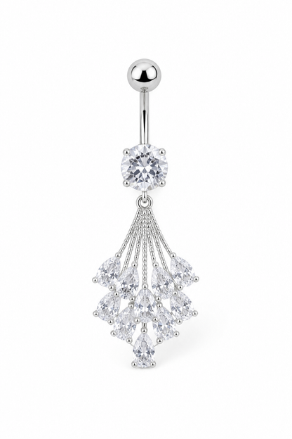 Silver Crystal Bouquet Belly Button Ring, Marquise CZ Dangle Navel Piercing, Stainless Steel Body Jewelry