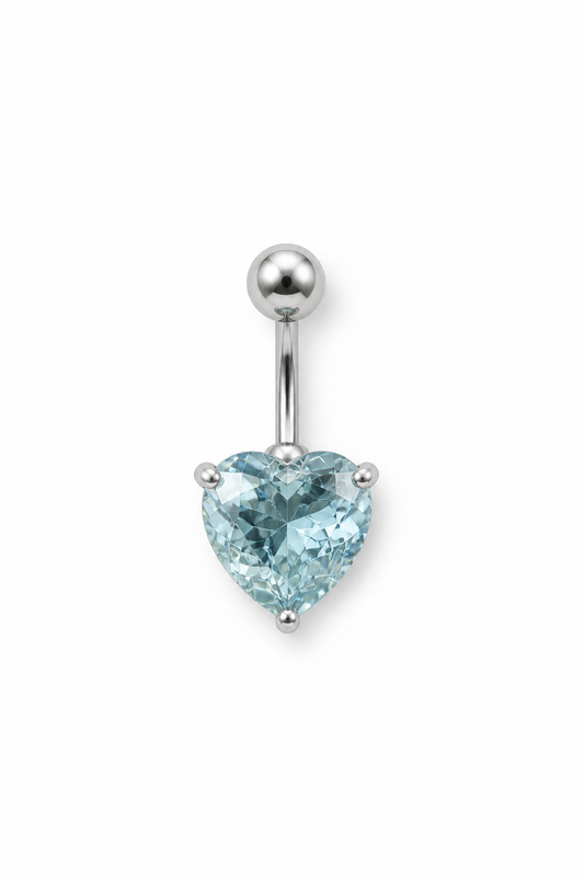 Silver Aqua Heart Belly Button Ring, Blue Heart Crystal Navel Piercing, Stainless Steel Body Jewelry