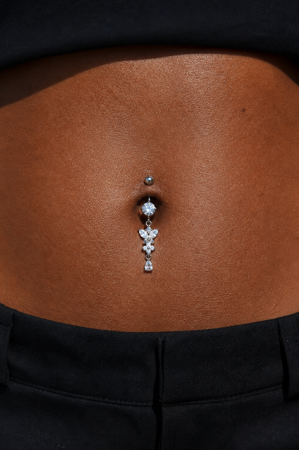 Silver Butterfly Flower Belly Button Ring, CZ Dangle Navel Piercing, Stainless Steel Body Jewelry