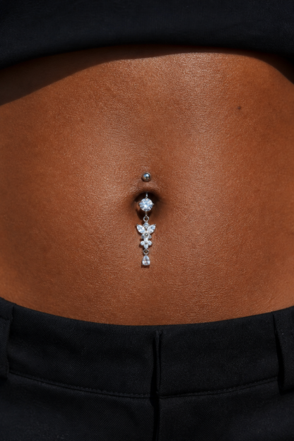 Silver Butterfly Flower Belly Button Ring, CZ Dangle Navel Piercing, Stainless Steel Body Jewelry