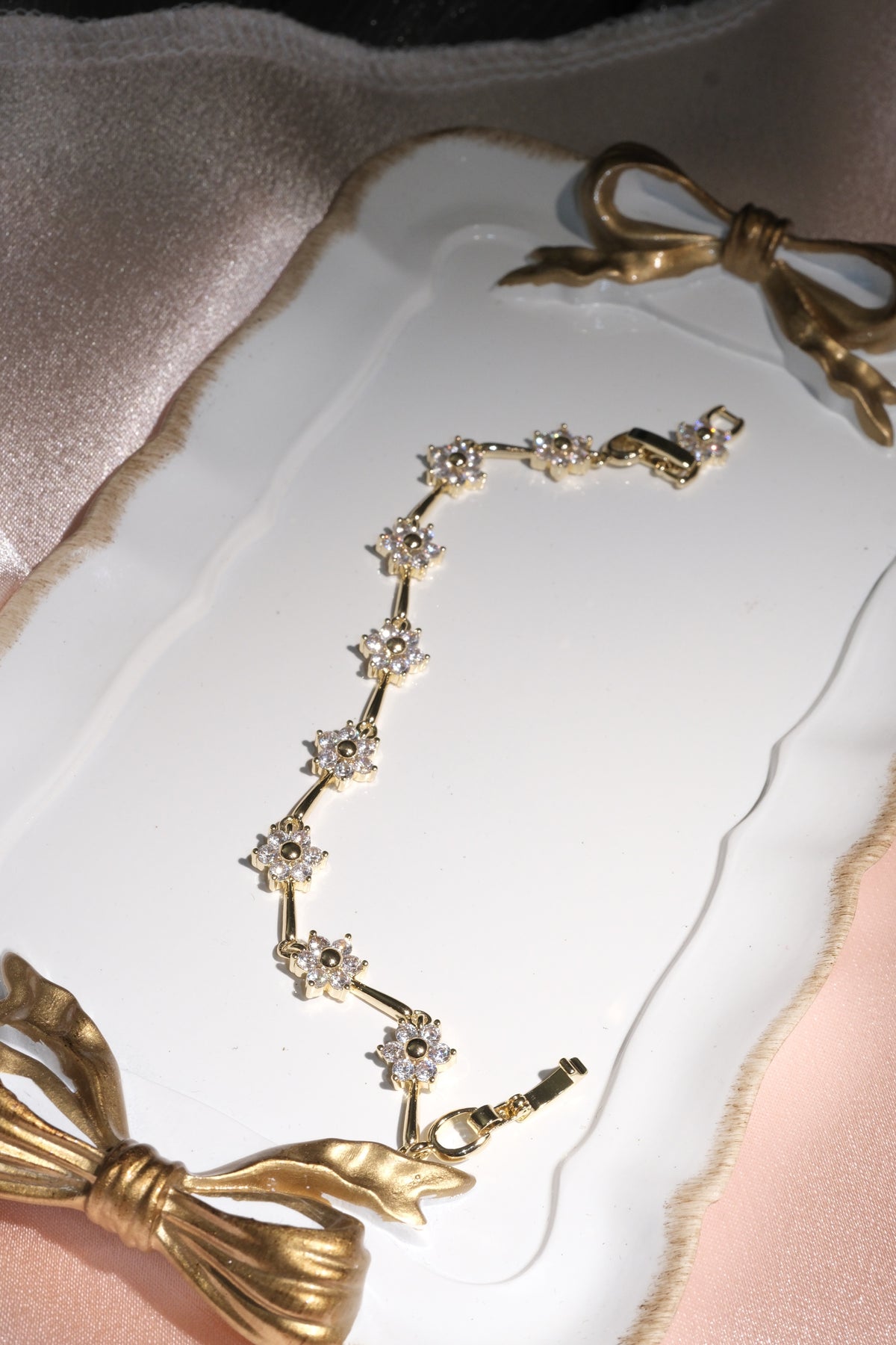 Flora Flower & Bar CZ Bracelet — Gold Tone