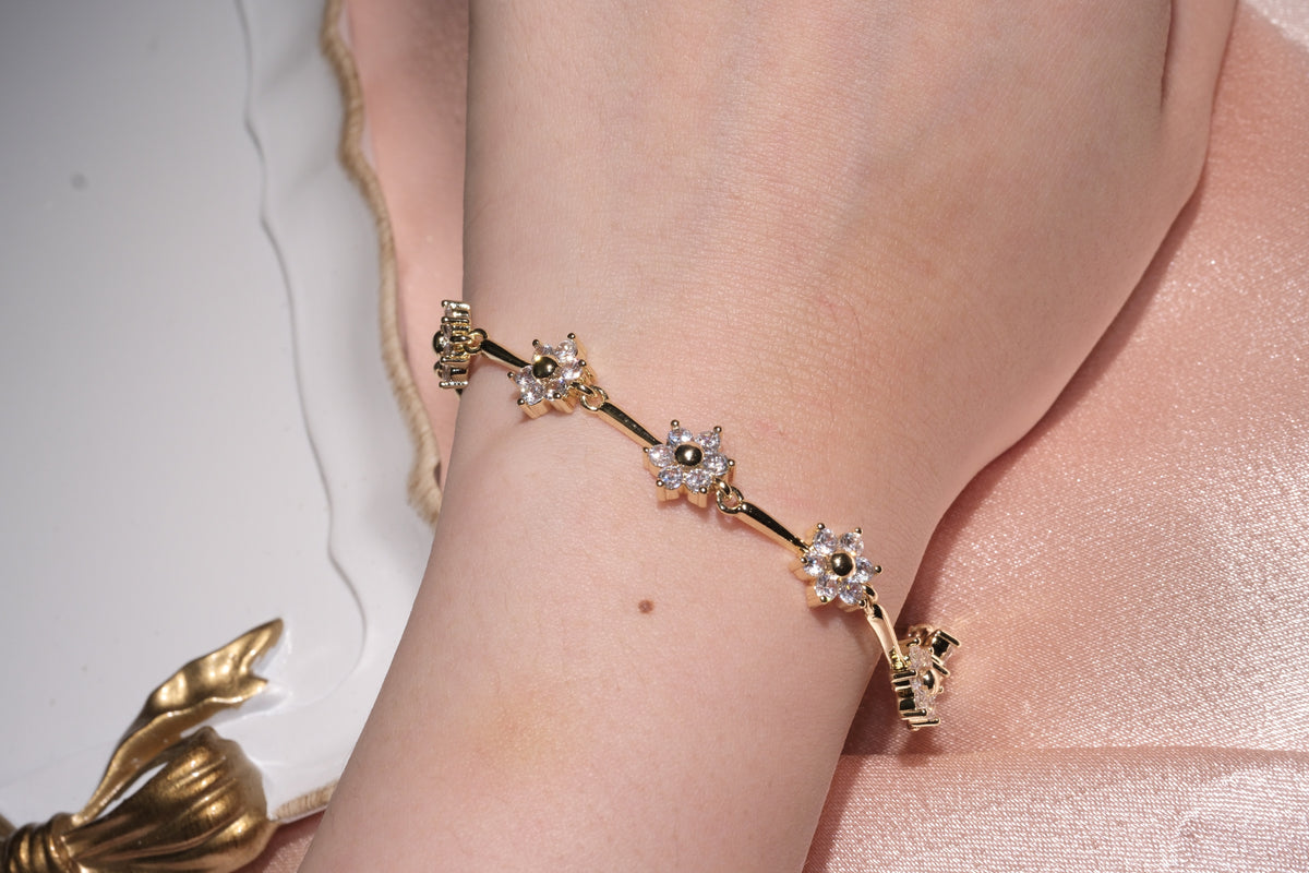 Flora Flower & Bar CZ Bracelet — Gold Tone