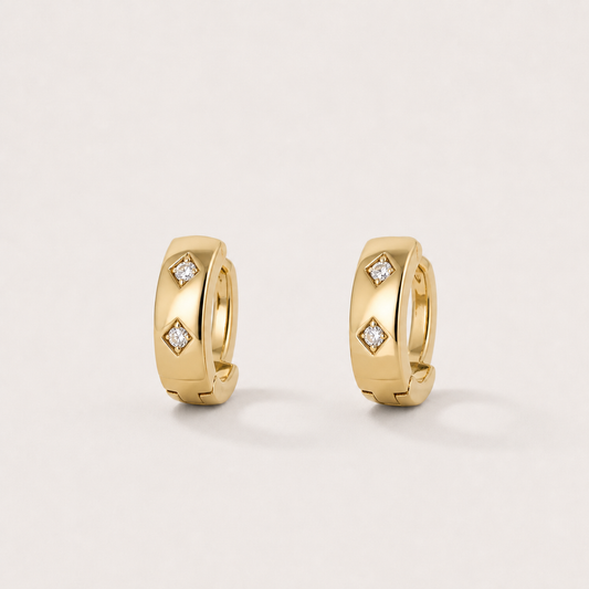 Gold Plated Brass Two Stone Diamond Shape Cubic Zirconia Huggie Hoop Earrings – J-40