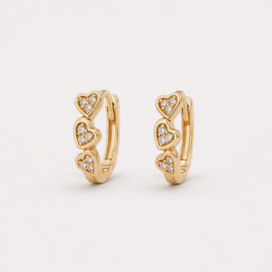 Gold Plated Brass Triple Heart Cubic Zirconia Huggie Hoop Earrings – J-41