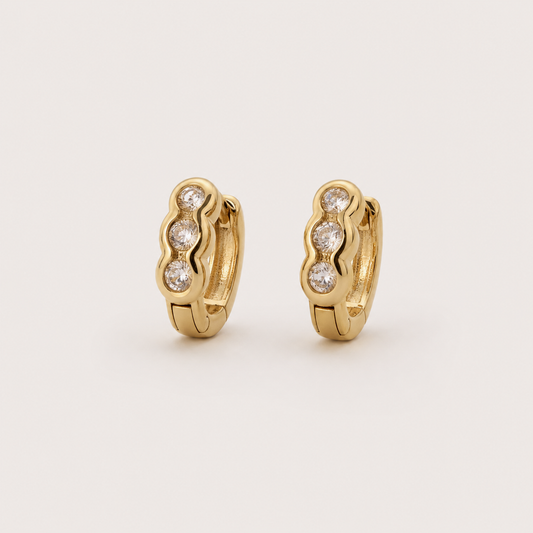 Gold Plated Brass Three Stone Wave Cubic Zirconia Huggie Hoop Earrings – J-42