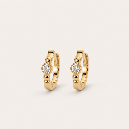 Gold Plated Brass Solitaire Cubic Zirconia Beaded Huggie Hoop Earrings – J-43