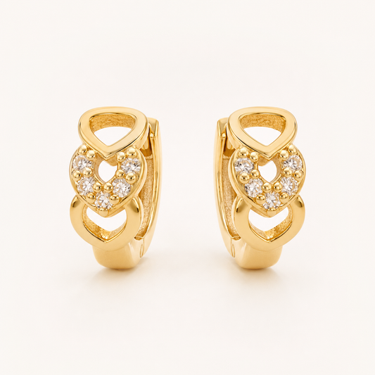Gold Plated Brass Open Heart Cubic Zirconia Huggie Hoop Earrings – J-44