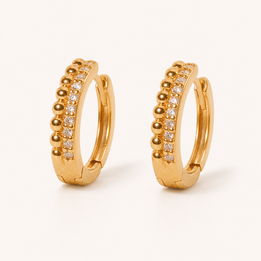 Gold Plated Brass Beaded Pavé Cubic Zirconia Huggie Hoop Earrings – J-45