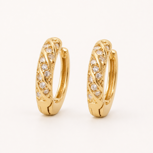 Gold Plated Brass Twisted Cubic Zirconia Huggie Hoop Earrings – J-46