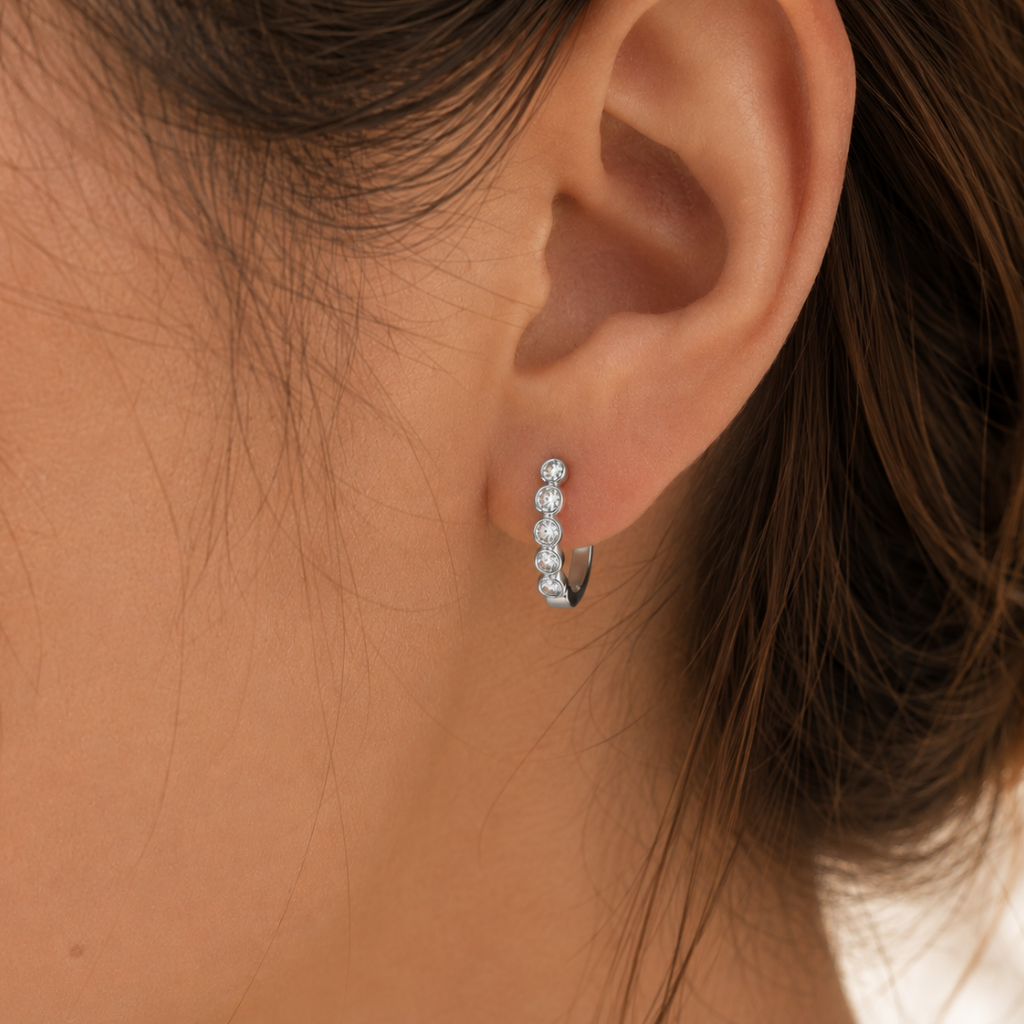 Silver Tone Brass Five Stone Bezel Cubic Zirconia Huggie Hoop Earrings – J-47